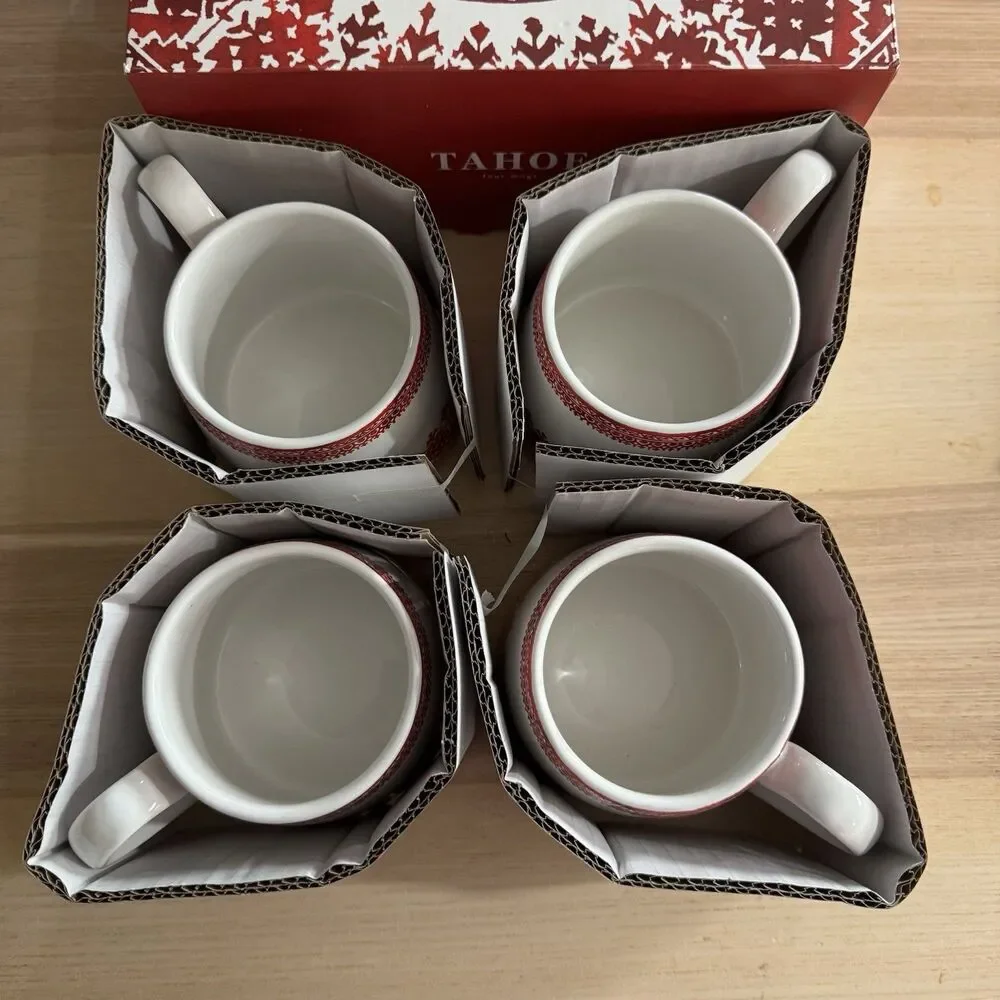 Pottery Barn Tahoe Fair Isle Icon Stoneware Mug Set of 4 Christmas NIB